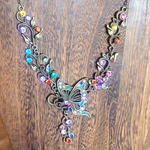 Brass Tone Multicolored Rhinestone Butterfly Pendant Necklace w/ Extender - Picture 2 of 7